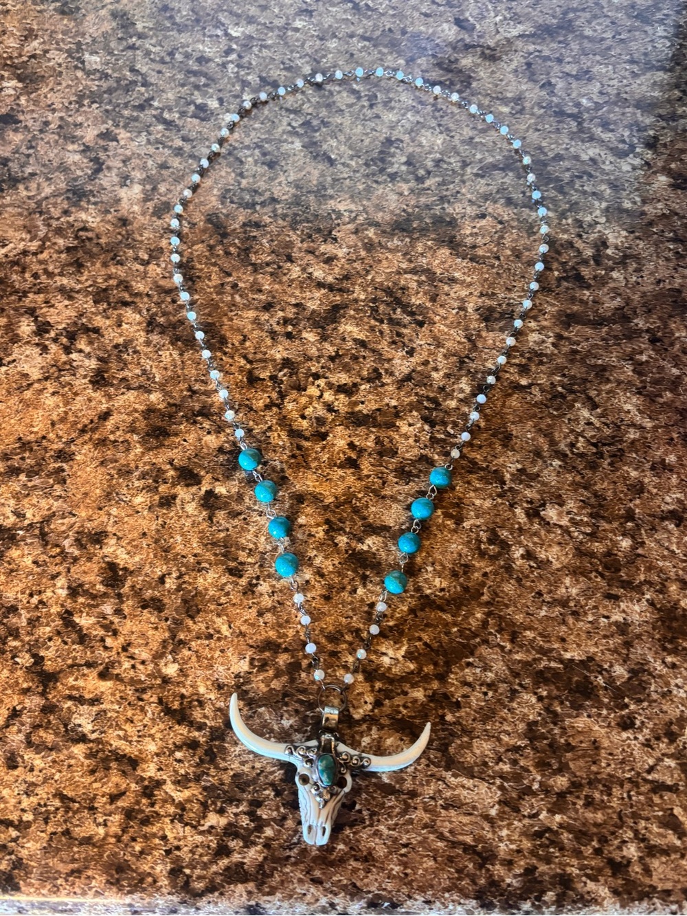 Turquoise Bead Bull Skull Pendant Necklace - Women Jewelry
